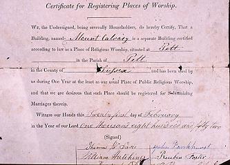 Registration Certificate dated 21st February 1852, authorising the building for the Solemnization of Marriages