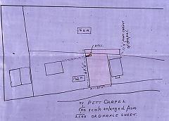 Plan show plot given for church extension. Note how plain this drawing is compared to the beautifully illustrated plan on the earlier deeds.